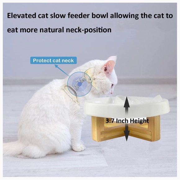 White Ceramic Fishbone Raised Slow Feeder Cat Bowl - Picture 7 of 9